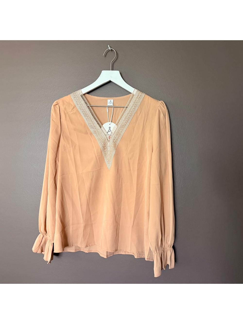 NWT Beige Blouse with lace V neck Size Small